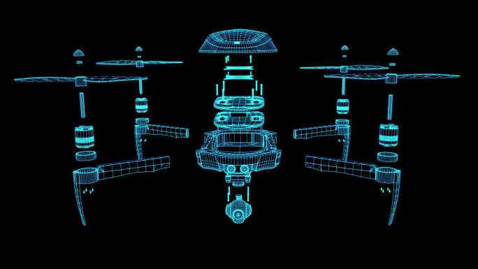 蓝色全息线框无人机拆解动画素材带通道