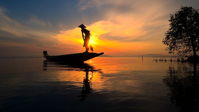 泰国日出场景《渔夫撒网》慢动作电影
