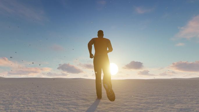 运动员雪地里迎着太阳奔跑追梦素材