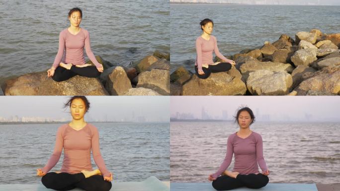 深圳海边瑜伽打坐的都市女性