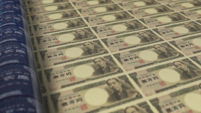 日元印刷机打印当前1000日元纸币，东京，无缝循环，日本货币背景，4K，焦点深度