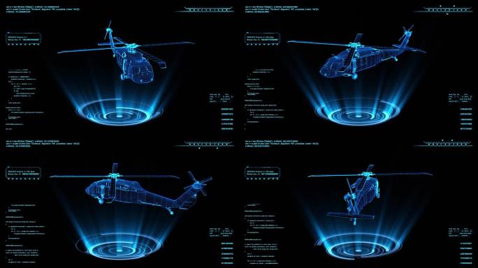 蓝色全息科技线框直升机素材带通道