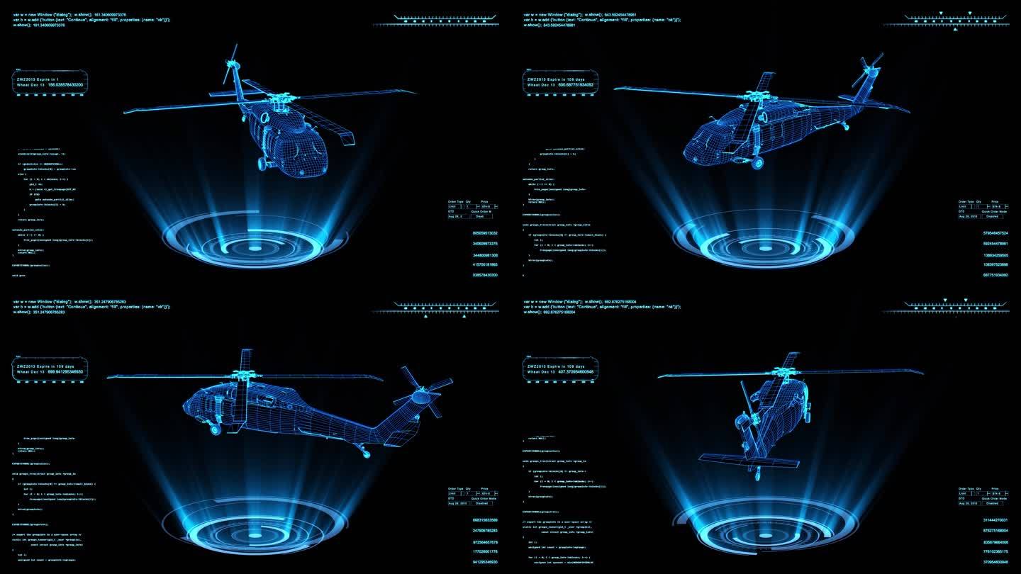 蓝色全息科技线框直升机素材带通道