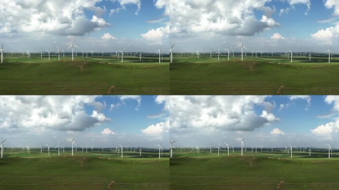 风机鸟瞰图大风车风力发电机山顶发电