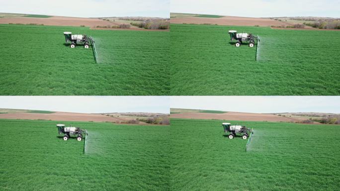 拖拉机施肥绿色麦田鸟瞰图。