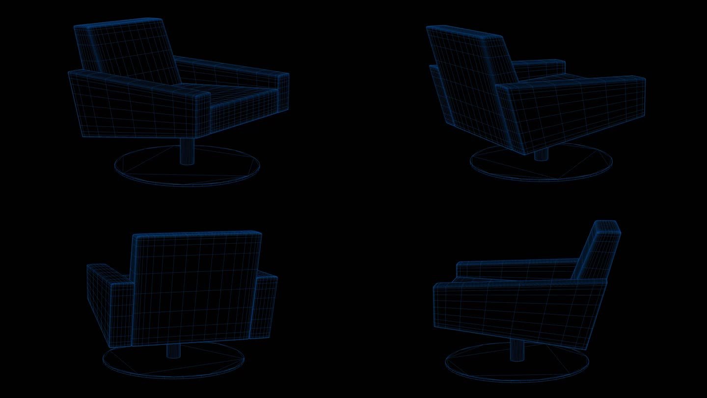 4k蓝色全息科技线框椅子沙发素材带通道
