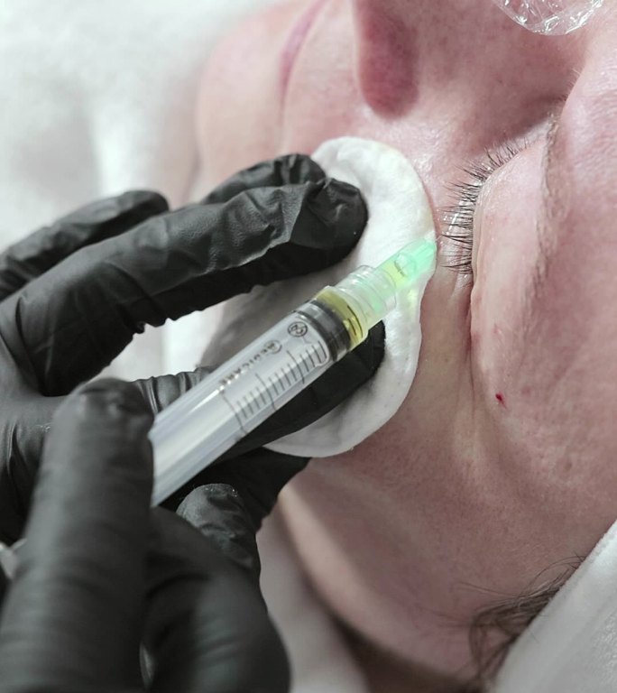 美容师在一个女人的脸上注射一种皮肤恢复活力的药物。
