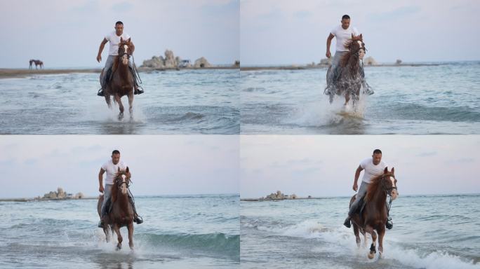 慢动作男子骑在沙滩上一匹棕色奔驰的马上。