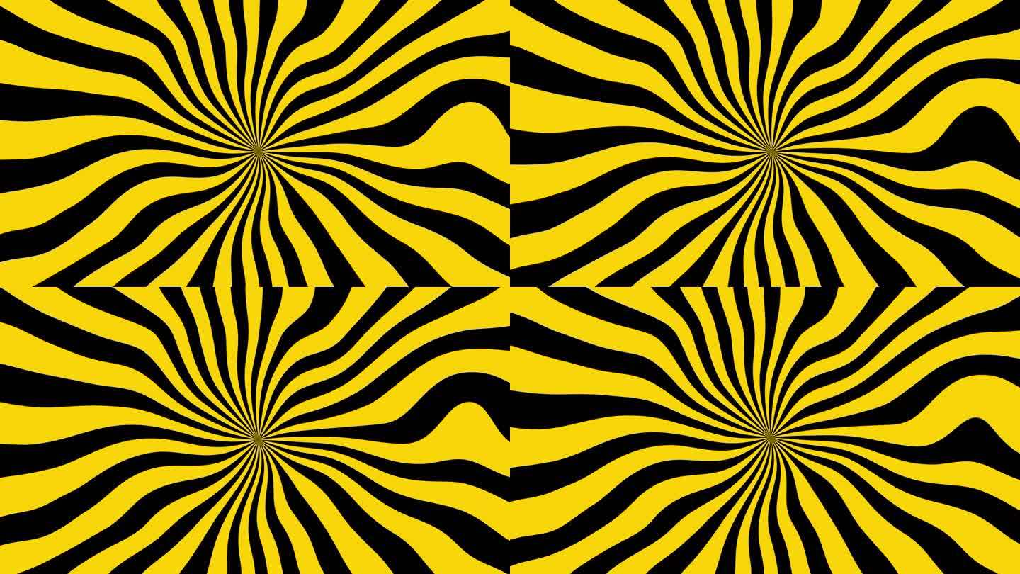 抽象催眠湍流转轮动画黑色和黄色背景库存视频-速度、迷幻、营销、销售、商业的概念-卡通动画复古风格螺旋
