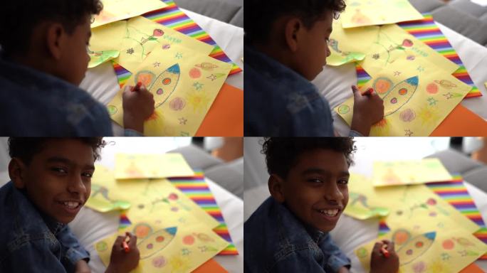 男孩在家画像黑人小男孩画画手绘火箭