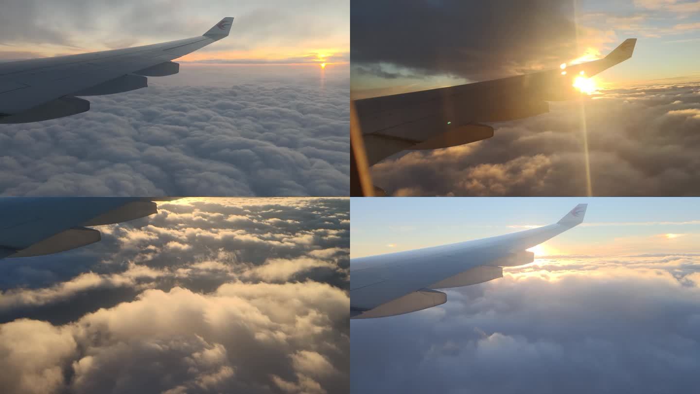 飞机窗户外穿越云层带机翼黄昏云层