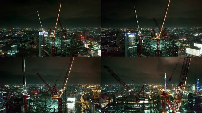 广州琶洲城市夜景金银双色吊塔航拍4K视频