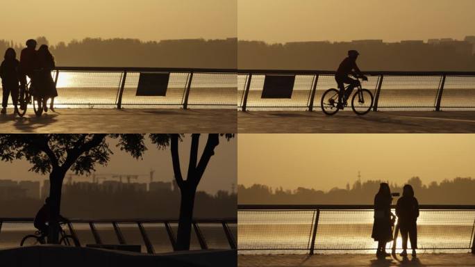 城市早晨，公园晨练的人们，湖边骑行