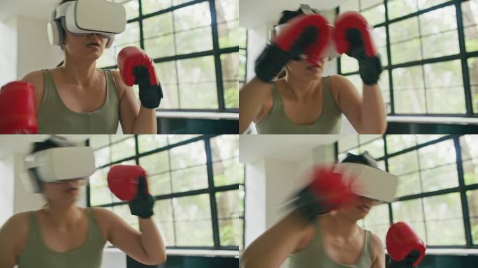 VR 360头戴式训练中年轻迷人的女子拳击，在虚拟现实中踢腿