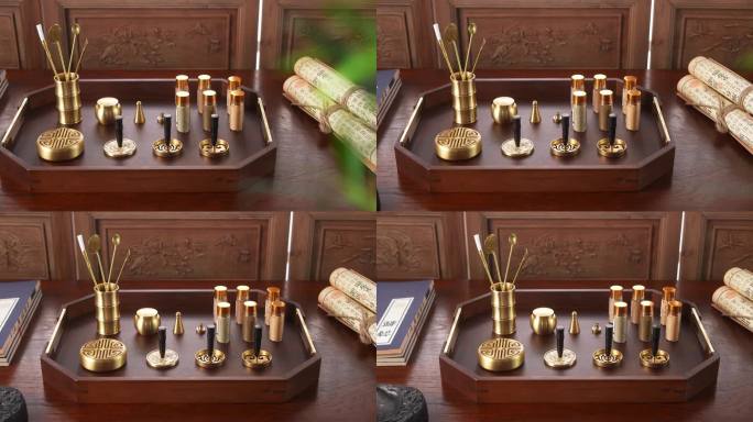 书桌木盘上精美的手工制作沉香的铜制工具
