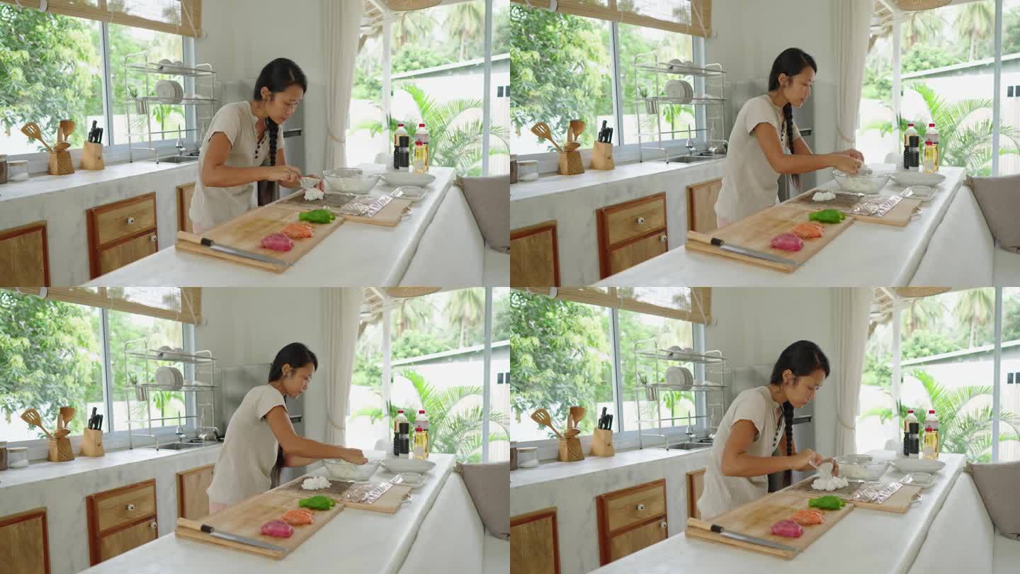 女食物专家，拍摄制作寿司的教程