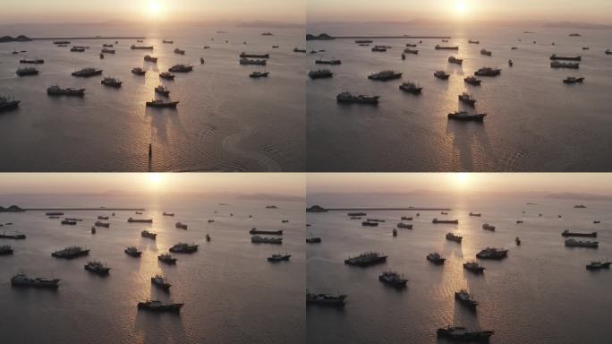 浙江台州海面上成群的渔船航拍