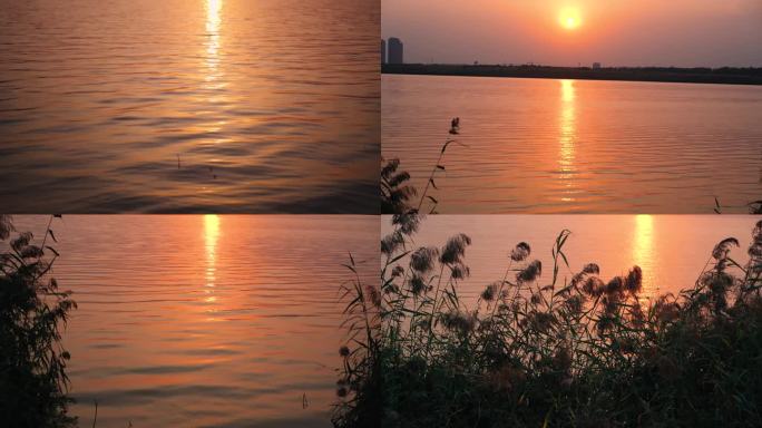 黄昏夕阳下的波光粼粼的湖面
