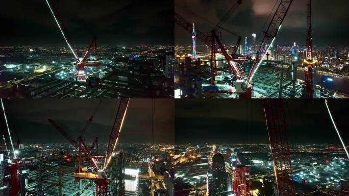 广州琶洲夜景金银双色城市吊塔航拍4K视频