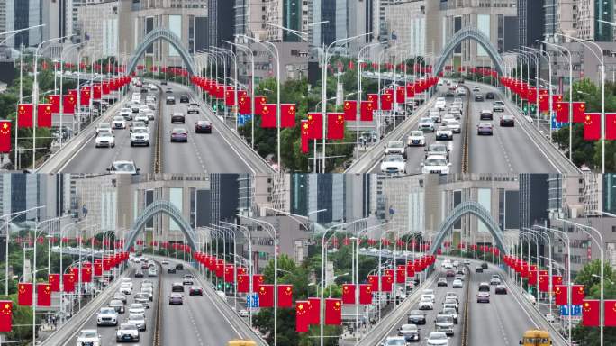 航拍武汉汉街中北路红旗国旗国庆车流高架桥