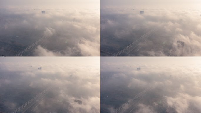 【4K】城市清晨平流雾日出云海