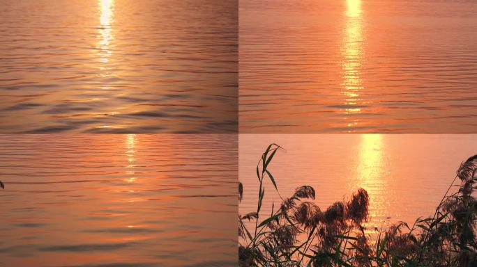 夕阳下波光粼粼的唯美湖面