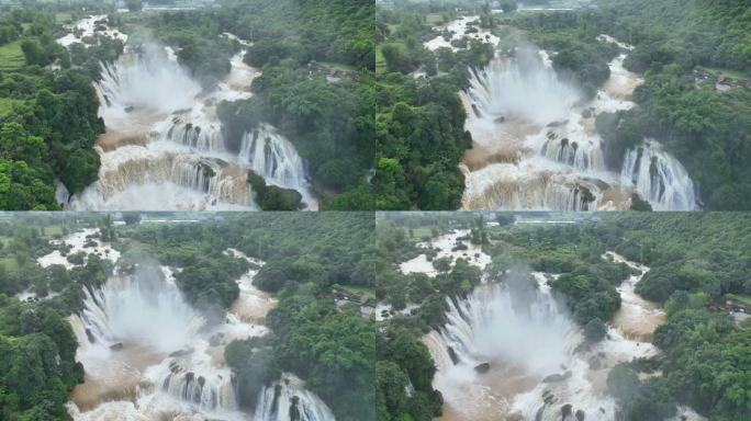 Ban Gioc瀑布的空中无人机视图是越南最令人印象深刻的自然景观之一