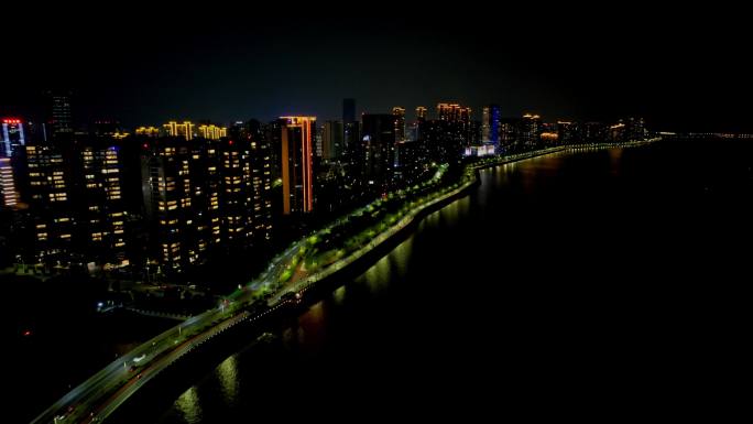 航拍杭州滨江江边夜景