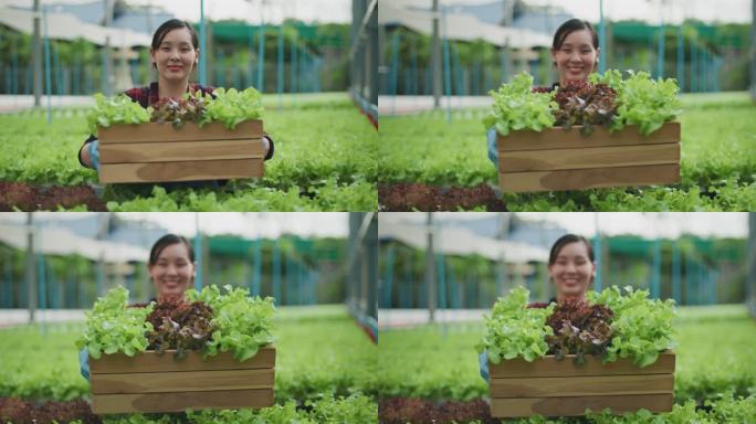 一位年轻的亚洲女农场主手持一篮绿橡树看着摄像机的肖像