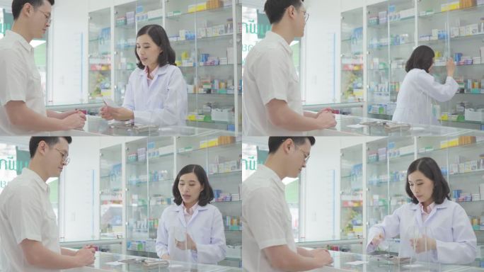 药房药店的药剂师使用药盘清点药丸并按处方配药给患者。药剂师向病人解释如何服药以恢复健康。健康和医疗理