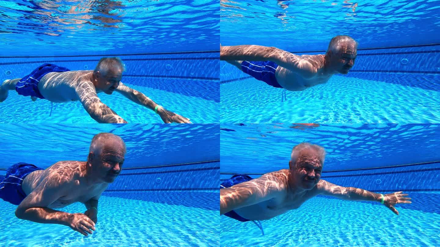 老人在游泳池游泳-4K分辨率