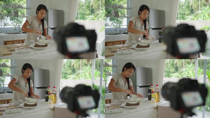 女性食物专家，用相机拍摄制作寿司的教程