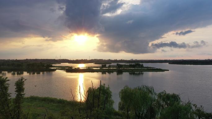 扬州北湖湿地公园航拍原创4K日出日落