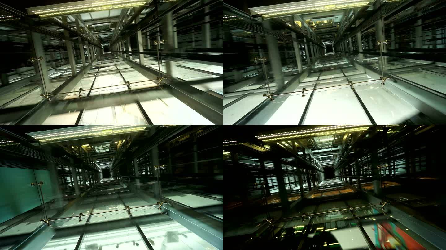 显示电梯井道和运动的电梯轿厢天花板透视图