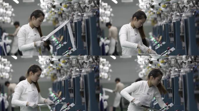 浙江诸暨大唐袜业生产车间工人自动化袜机