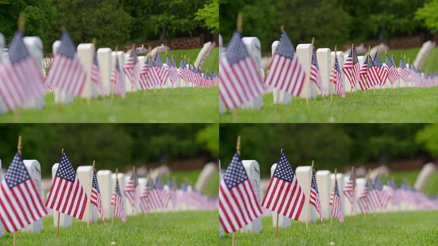 带旗帜架焦点的军事墓地