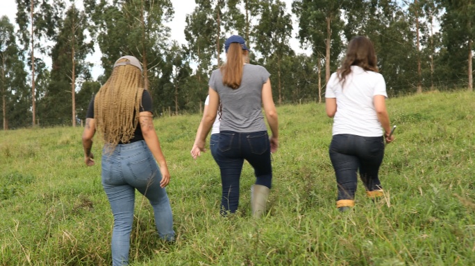 穿过草地的一群妇女