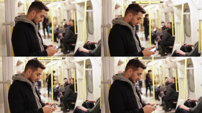 年轻人在地铁里打电话，用智能手机玩游戏，发短信，在手机上浏览社交媒体，用一只手玩游戏，用耳机听音乐
