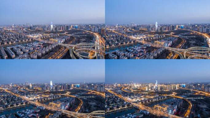 郑州CBD大玉米日转夜亮灯航拍延时