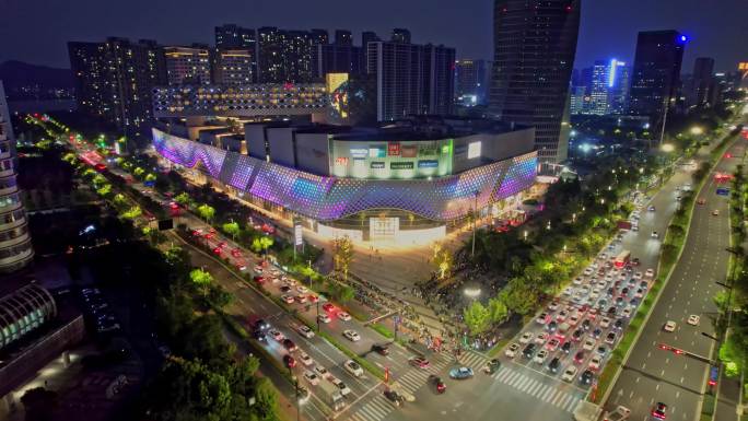 航拍杭州滨江宝龙繁华夜景