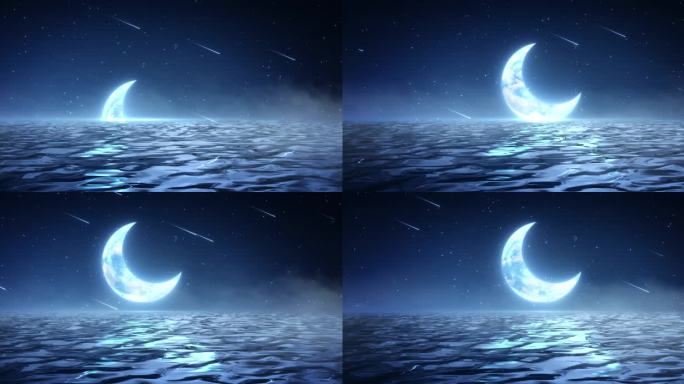 4K-唯美月亮-湖面-流星 舞台背景