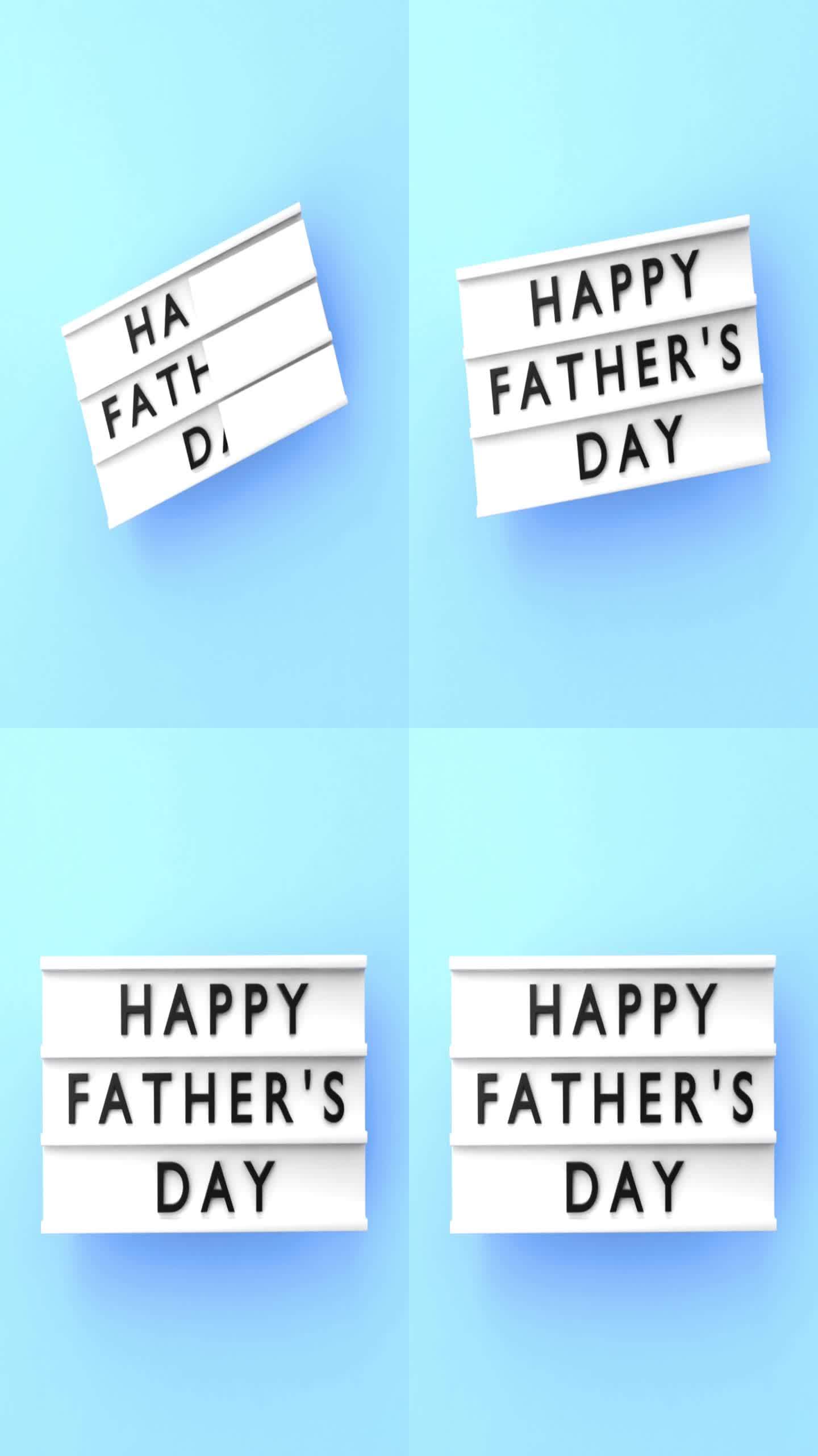 蓝色背景上的灯箱上以4K分辨率显示垂直的“父亲节快乐”文本