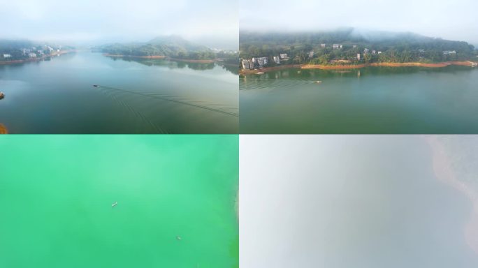 4K清晨小船在云雾缭绕的湖面上行驶