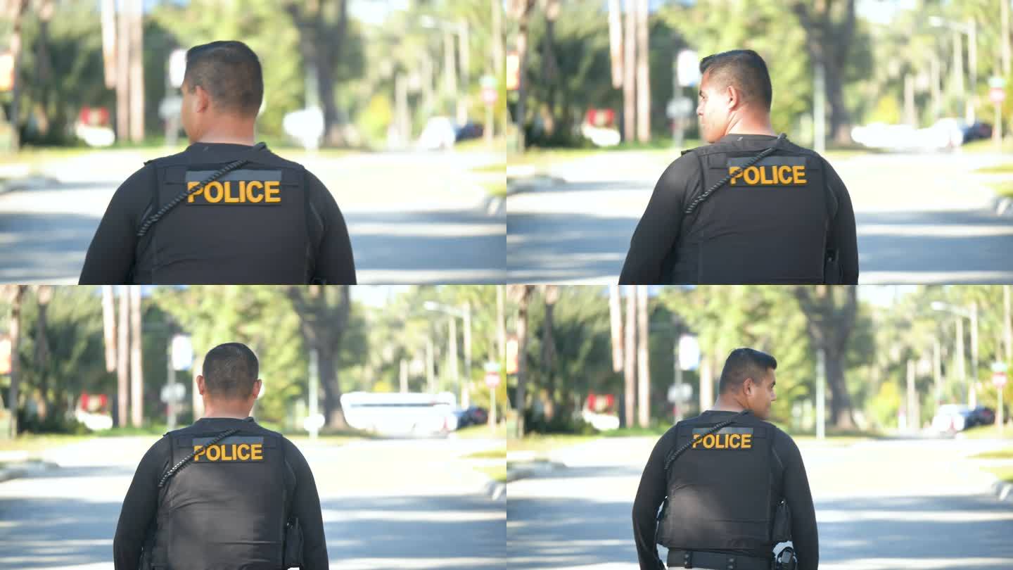 拉美裔警官在社区散步