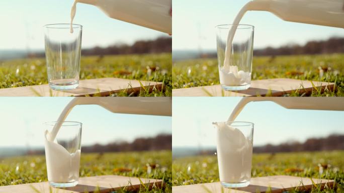 SUPER SLO MO在阳光明媚的日子将牛奶倒入玻璃杯