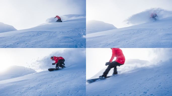 穷乡僻壤的滑雪板运动员在晨曦中翻粉，洒雪