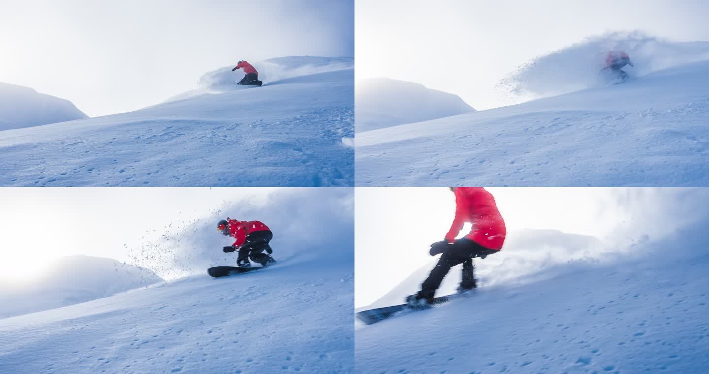 穷乡僻壤的滑雪板运动员在晨曦中翻粉，洒雪