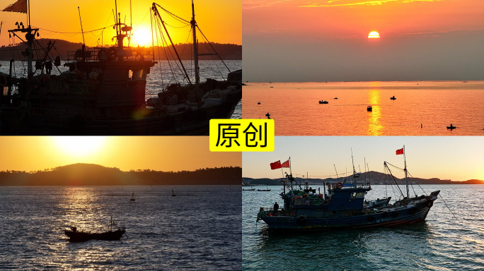 航拍渔船唯美夕阳4K