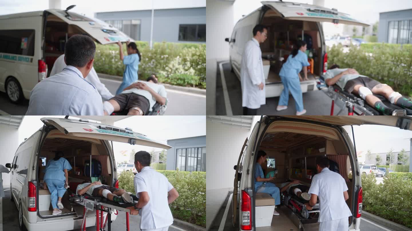 男医护人员和护士在救护车中帮助心脏病患者