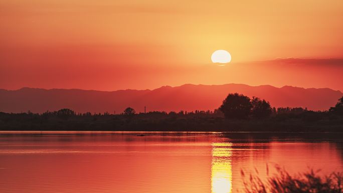 银川黄河 远山 夕阳 晚霞延时空镜